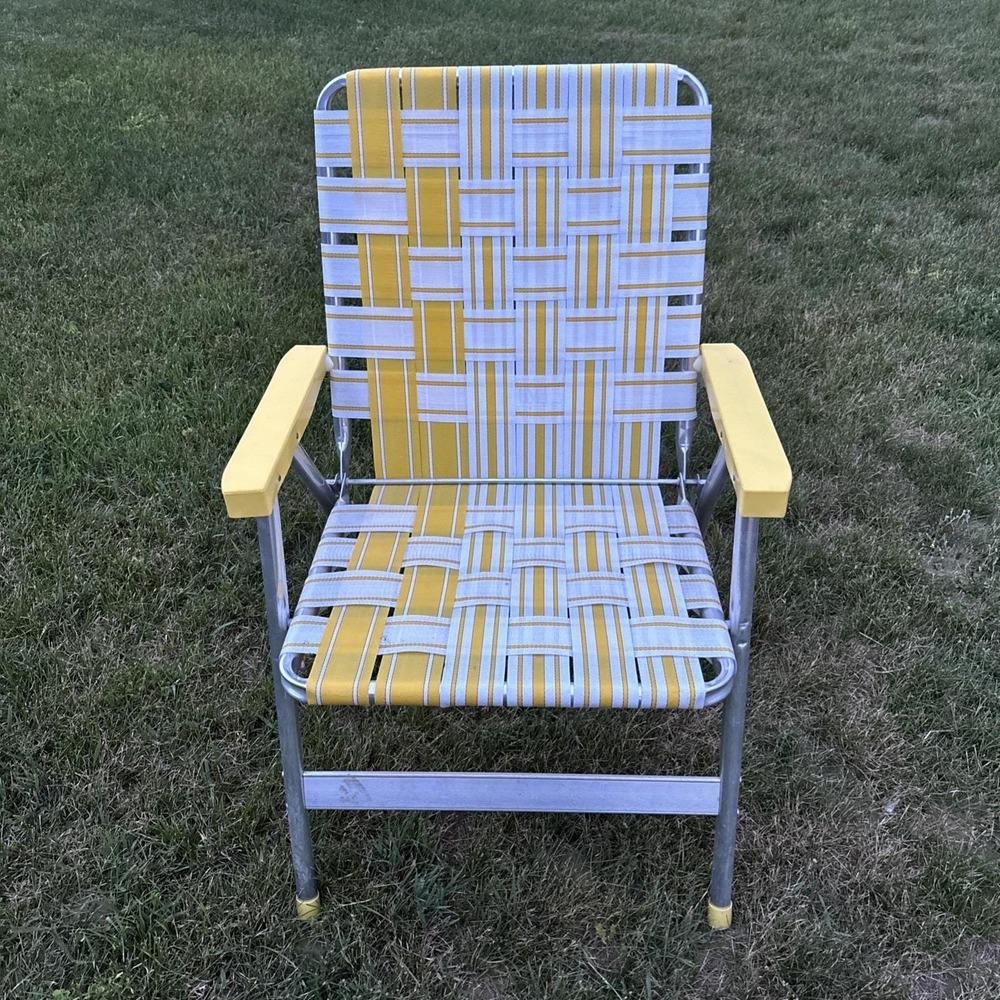 VTG 70s Folding Aluminum Woven Lawn Chair Retro Yellow White